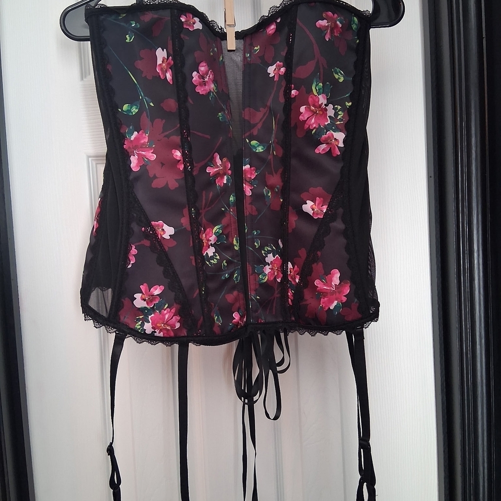 Floral Black Corset Top with Pink Flowers